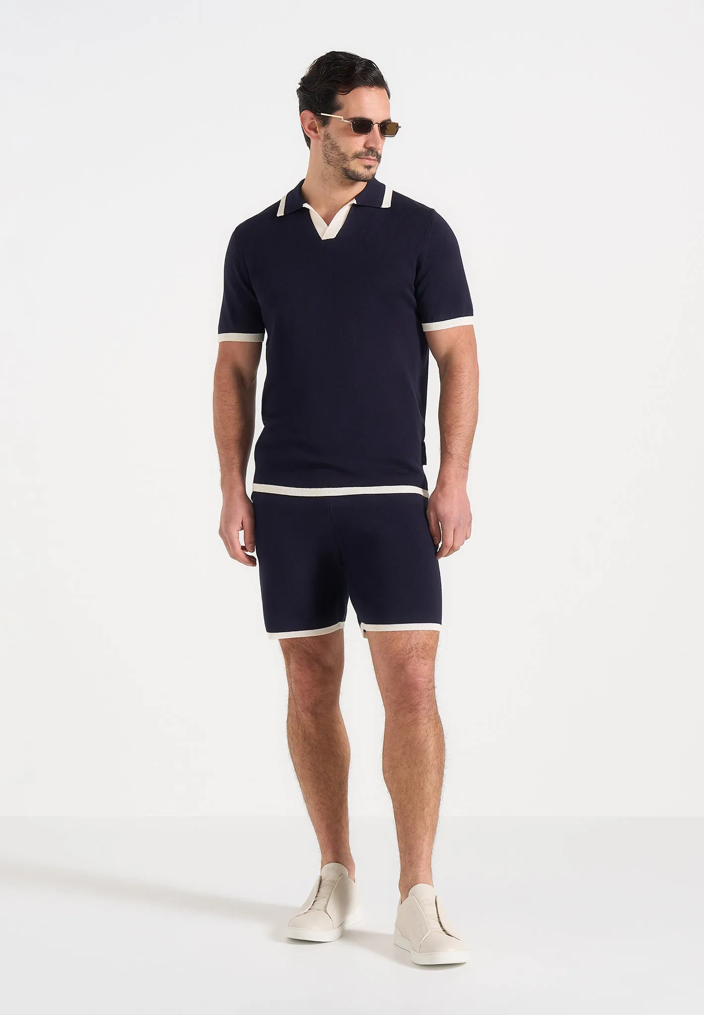 Lambert - Contrast Detail Knit Polo Shirt - Navy sold by Maniere De Voir product image thumbnail 5