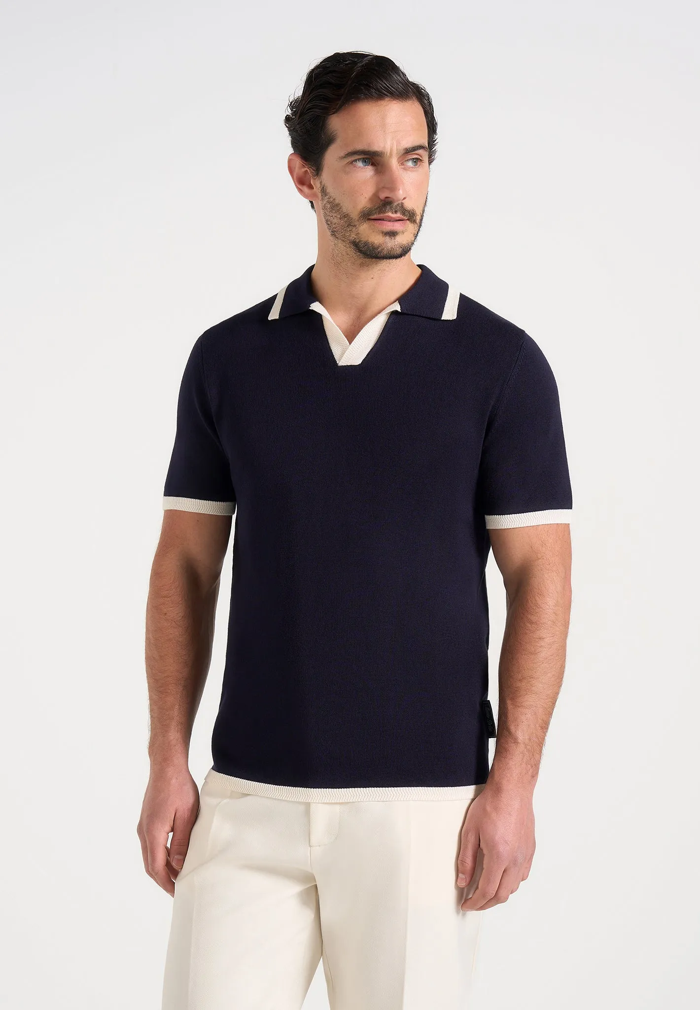 Lambert - Contrast Detail Knit Polo Shirt - Navy sold by Maniere De Voir