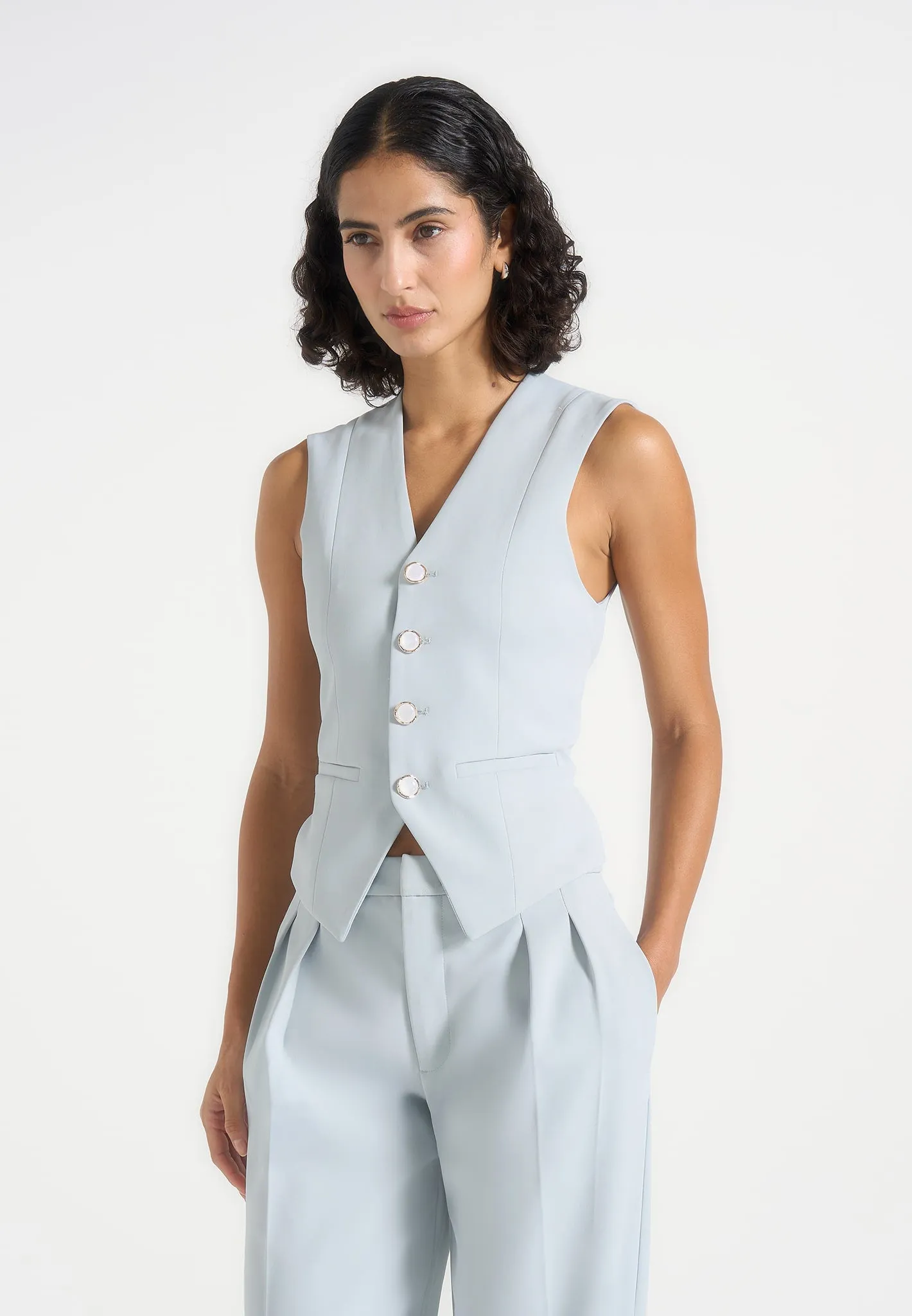 Christine - Tailored Cinched Waistcoat - Pale Blue sold by Maniere De Voir