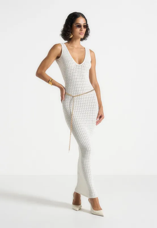 Myriam - Pointelle Plunge Maxi Dress With Chain - Cream made by Maniere De Voir