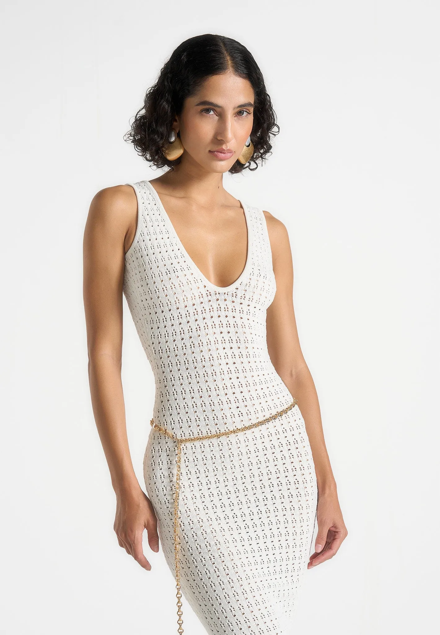 Myriam - Pointelle Plunge Maxi Dress With Chain - Cream sold by Maniere De Voir product image thumbnail 2