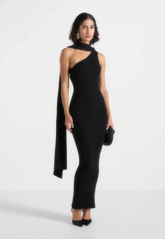Laya - Asymmetric Knit Maxi Dress With Scarf - Black made by Maniere De Voir