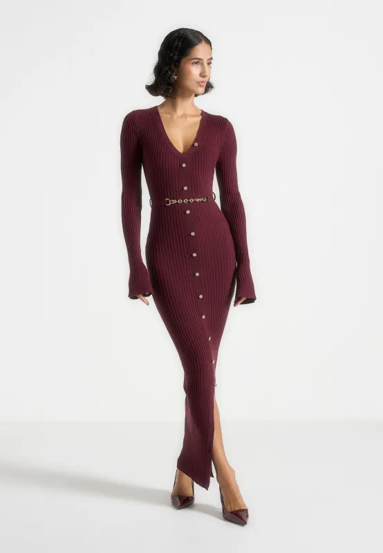 Assia - Long Sleeve Knitted Maxi Dress With Belt - Wine Red made by Maniere De Voir