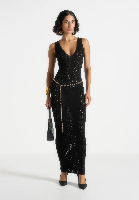 Myriam - Pointelle Plunge Maxi Dress With Chain - Black made by Maniere De Voir