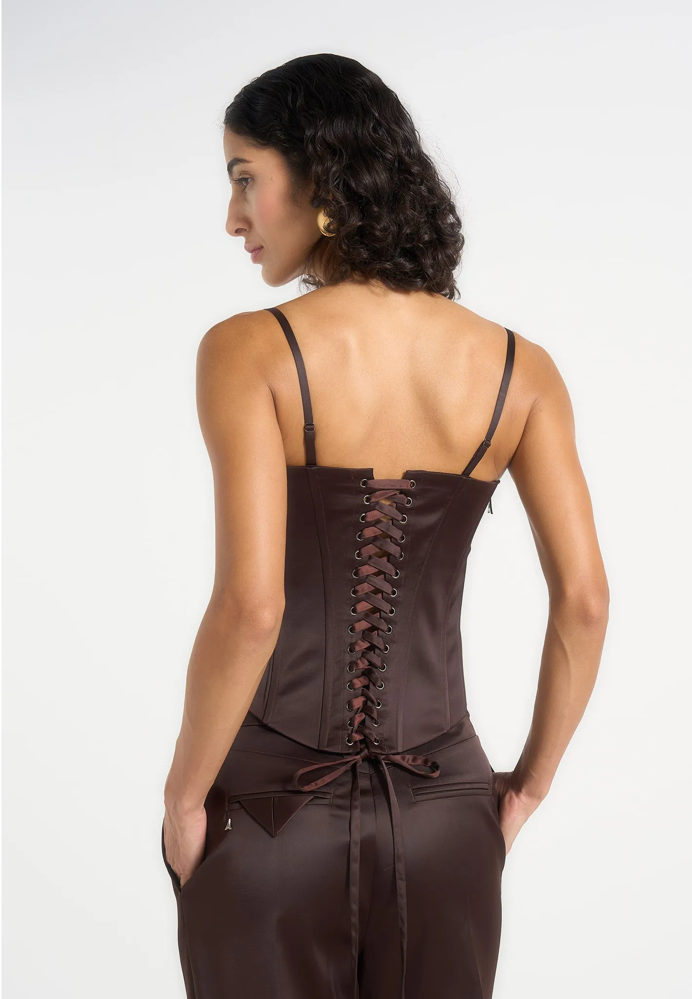 Scarlett - Satin Lace Up Corset - Brown sold by Maniere De Voir product image thumbnail 2