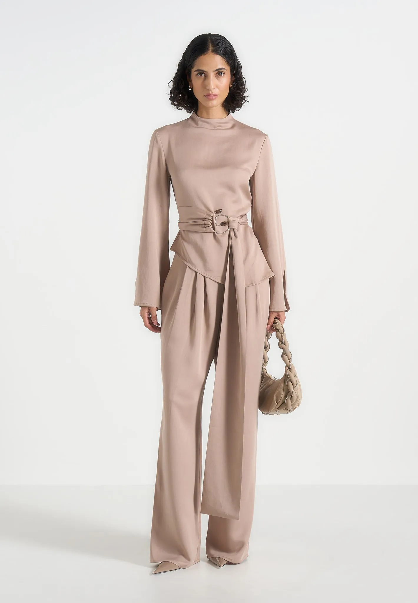 Aurore - Mock Neck Ring Belt Pleated Leg Jumpsuit - Beige sold by Maniere De Voir
