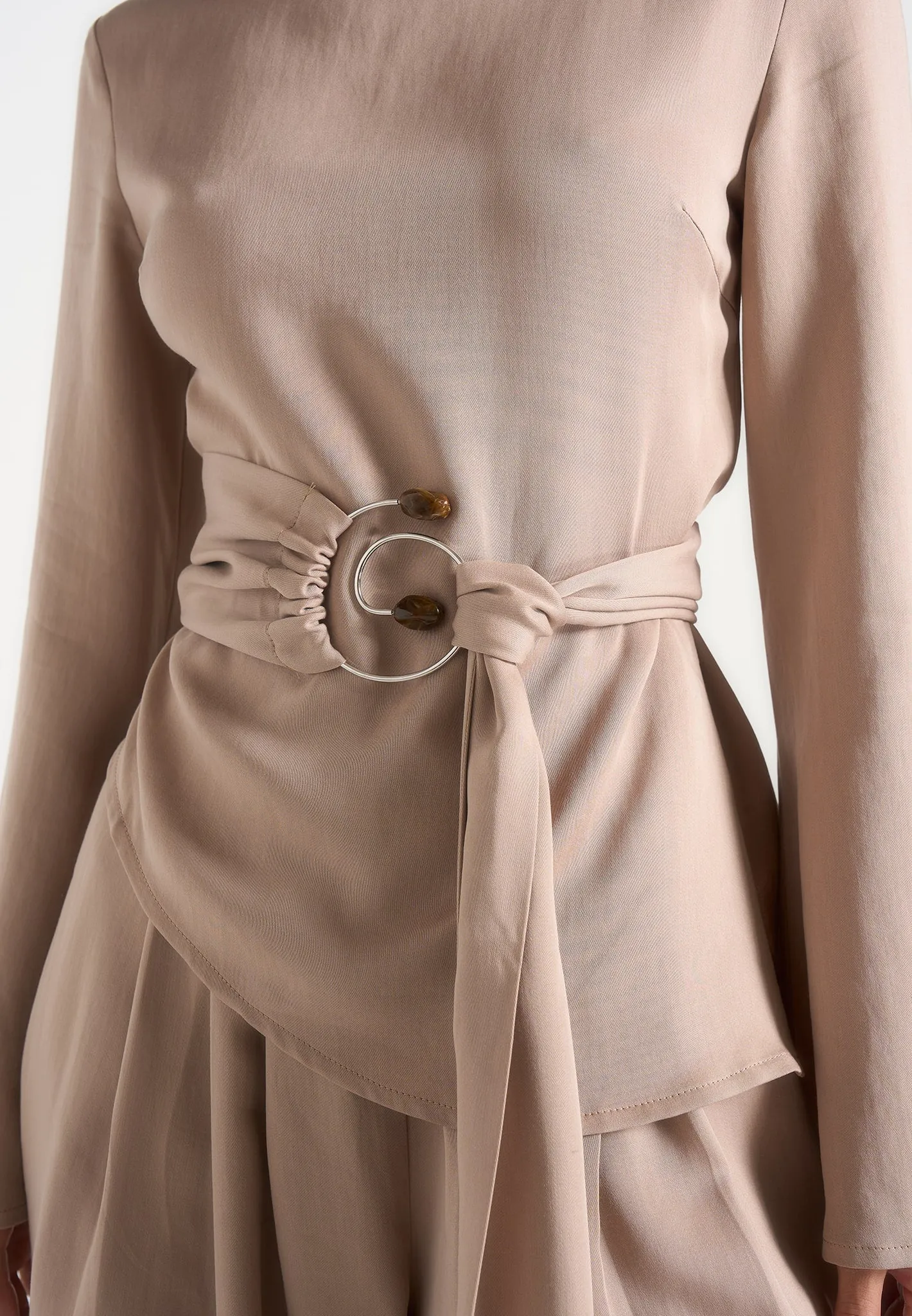 Aurore - Mock Neck Ring Belt Pleated Leg Jumpsuit - Beige sold by Maniere De Voir product image thumbnail 4