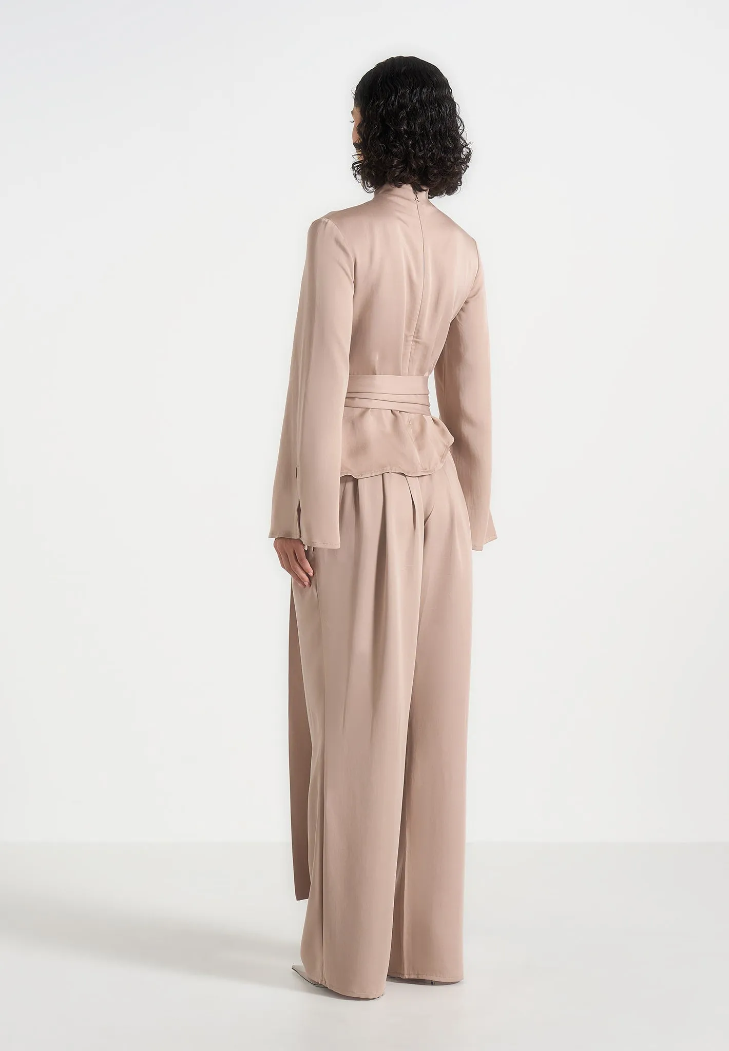 Aurore - Mock Neck Ring Belt Pleated Leg Jumpsuit - Beige sold by Maniere De Voir product image thumbnail 5