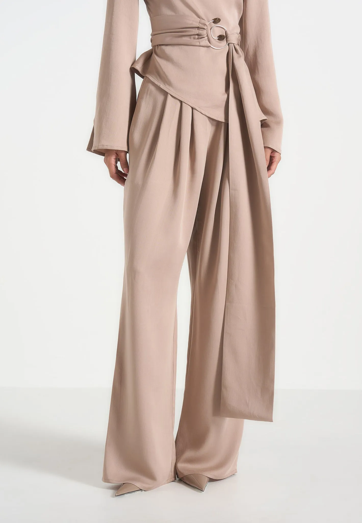 Aurore - Mock Neck Ring Belt Pleated Leg Jumpsuit - Beige sold by Maniere De Voir product image thumbnail 2