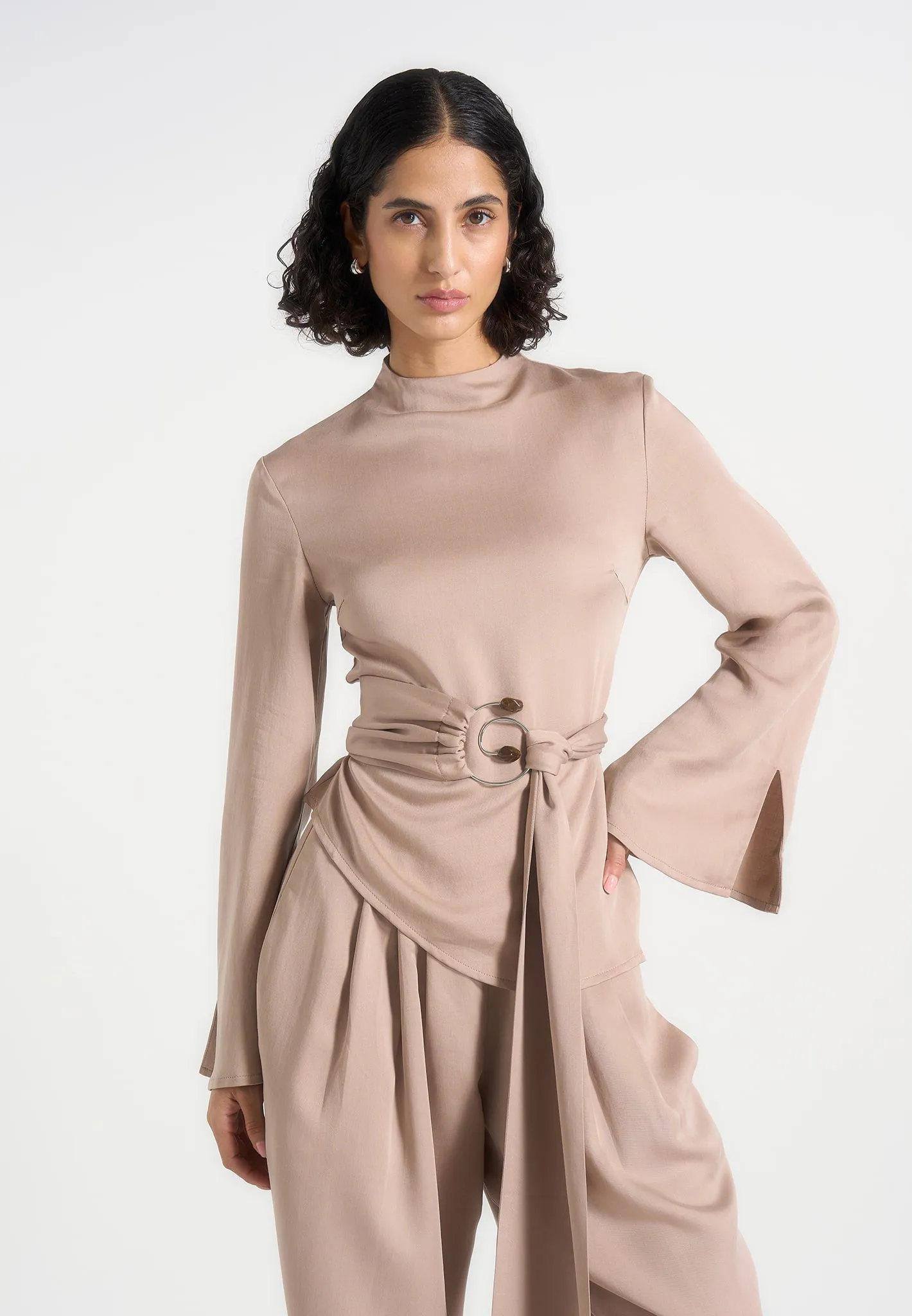 Aurore - Mock Neck Ring Belt Pleated Leg Jumpsuit - Beige sold by Maniere De Voir product image thumbnail 3