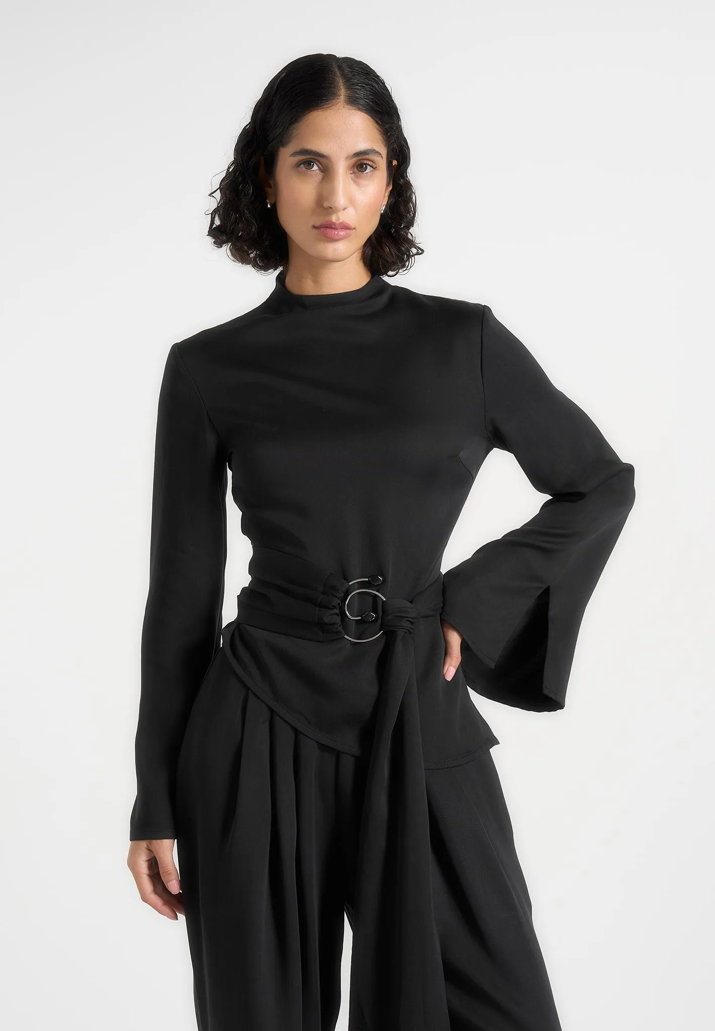Aurore - Mock Neck Ring Belt Pleated Leg Jumpsuit - Black sold by Maniere De Voir product image thumbnail 3
