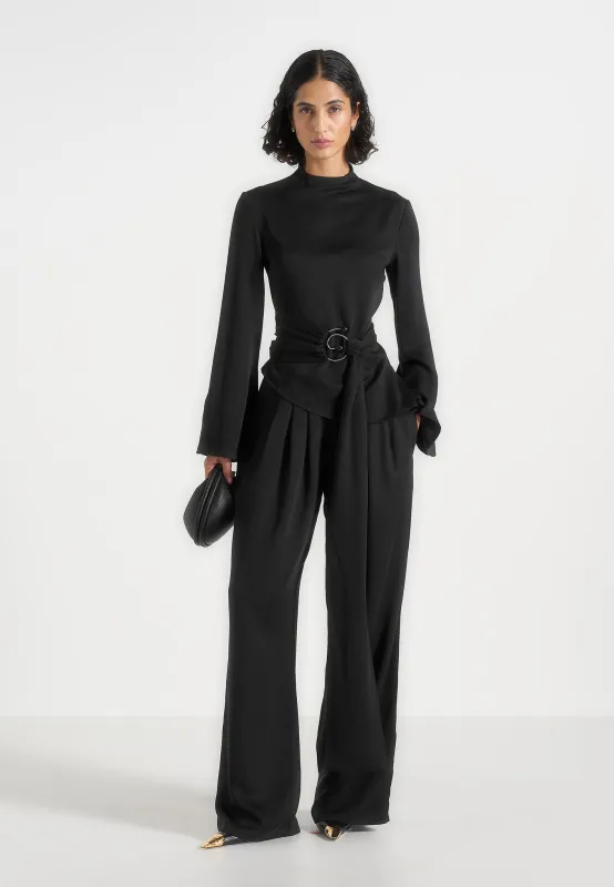 Aurore - Mock Neck Ring Belt Pleated Leg Jumpsuit - Black made by Maniere De Voir