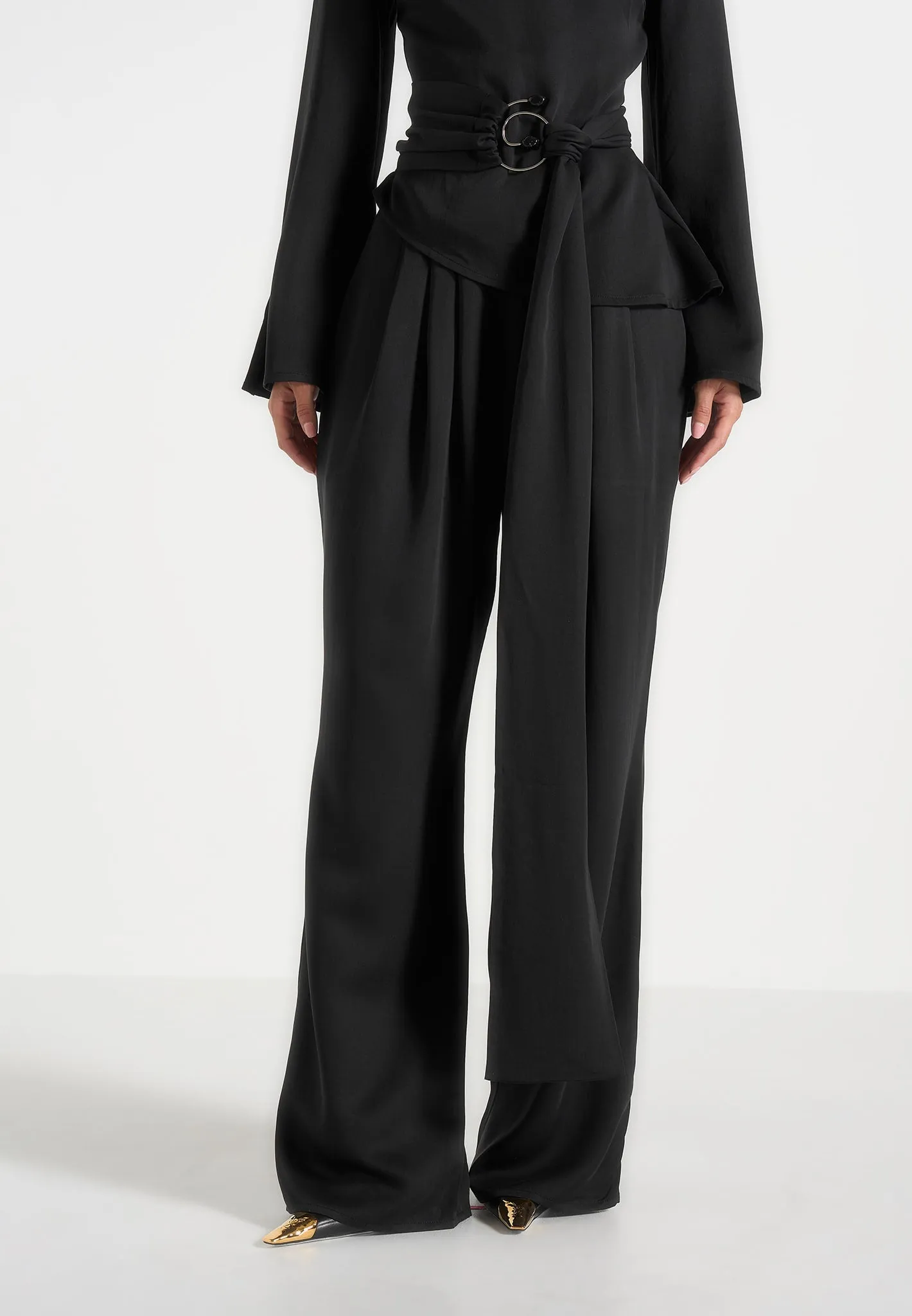 Aurore - Mock Neck Ring Belt Pleated Leg Jumpsuit - Black sold by Maniere De Voir product image thumbnail 2