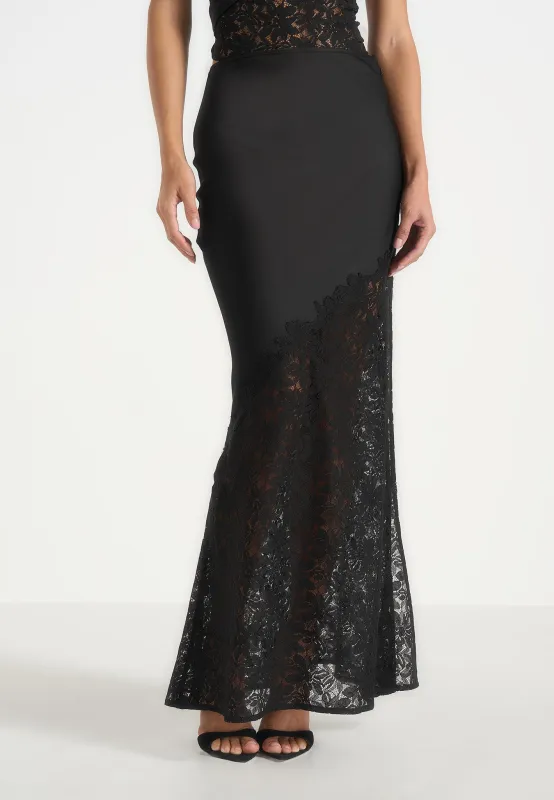 Belle - Satin and Lace Maxi Skirt - Black made by Maniere De Voir