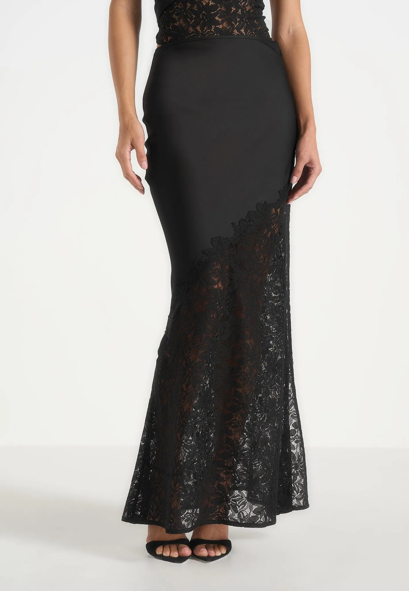 Belle - Satin and Lace Maxi Skirt - Black sold by Maniere De Voir