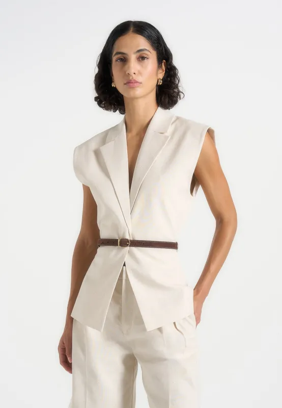 Linda - Linen Wide Shoulder Cinched Waistcoat - Natural made by Maniere De Voir