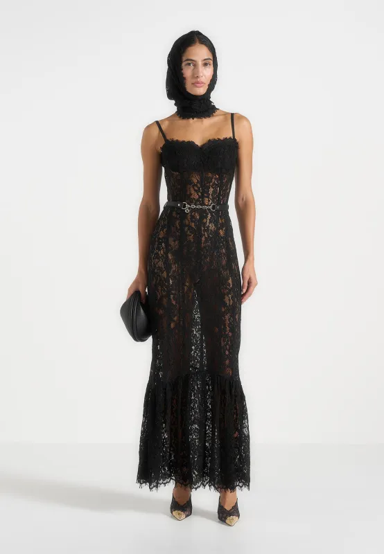 Freya - Belted Lace Maxi Dress - Black made by Maniere De Voir