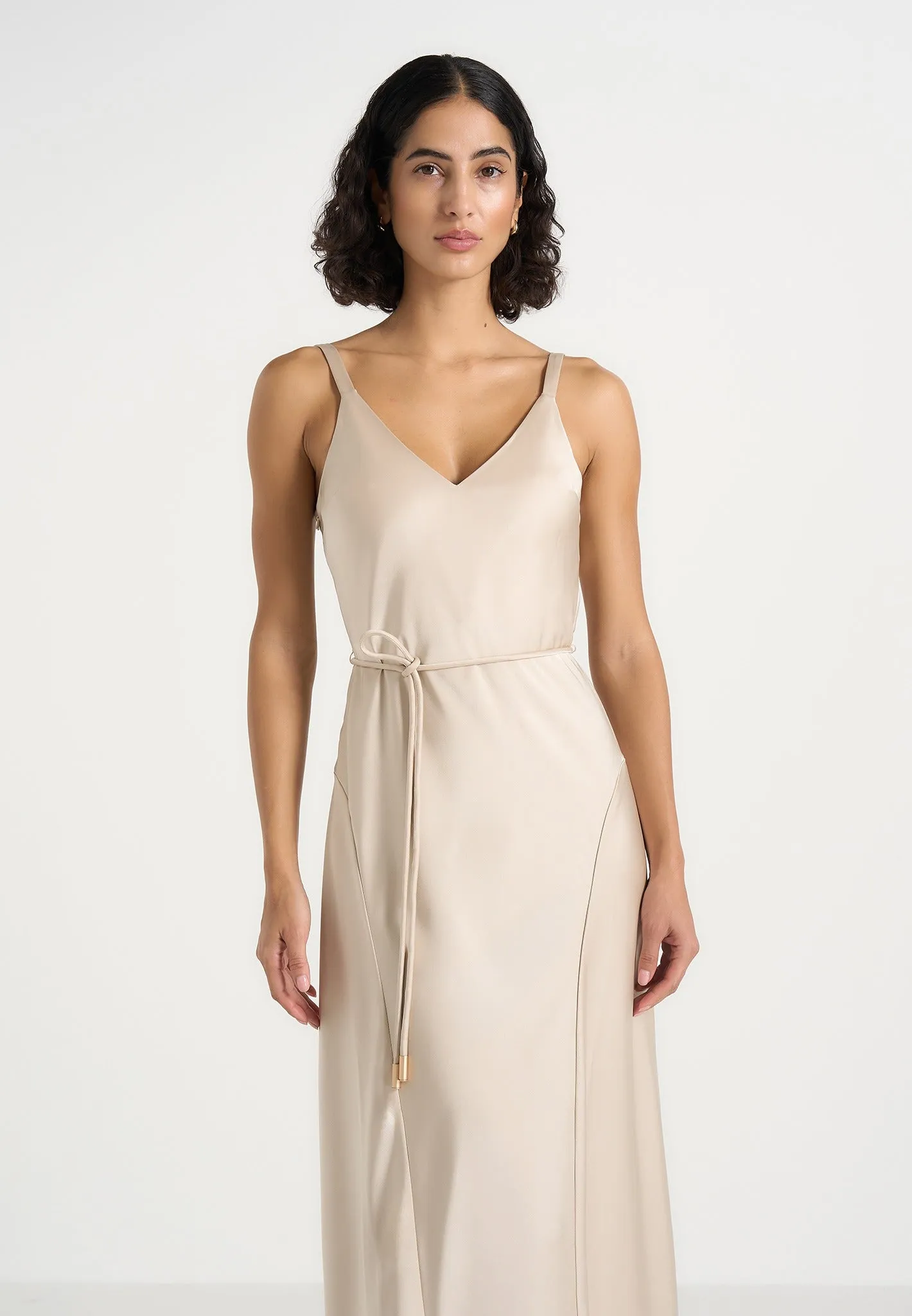 Saffron - Satin Belted Maxi Dress - Champagne sold by Maniere De Voir product image thumbnail 5