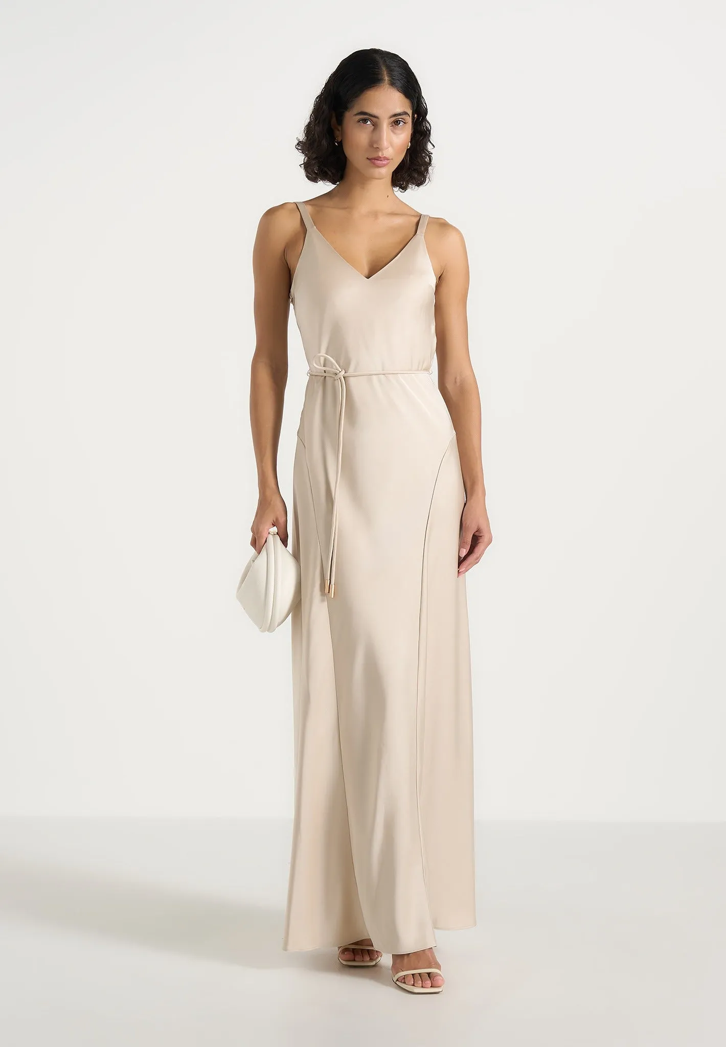 Saffron - Satin Belted Maxi Dress - Champagne sold by Maniere De Voir