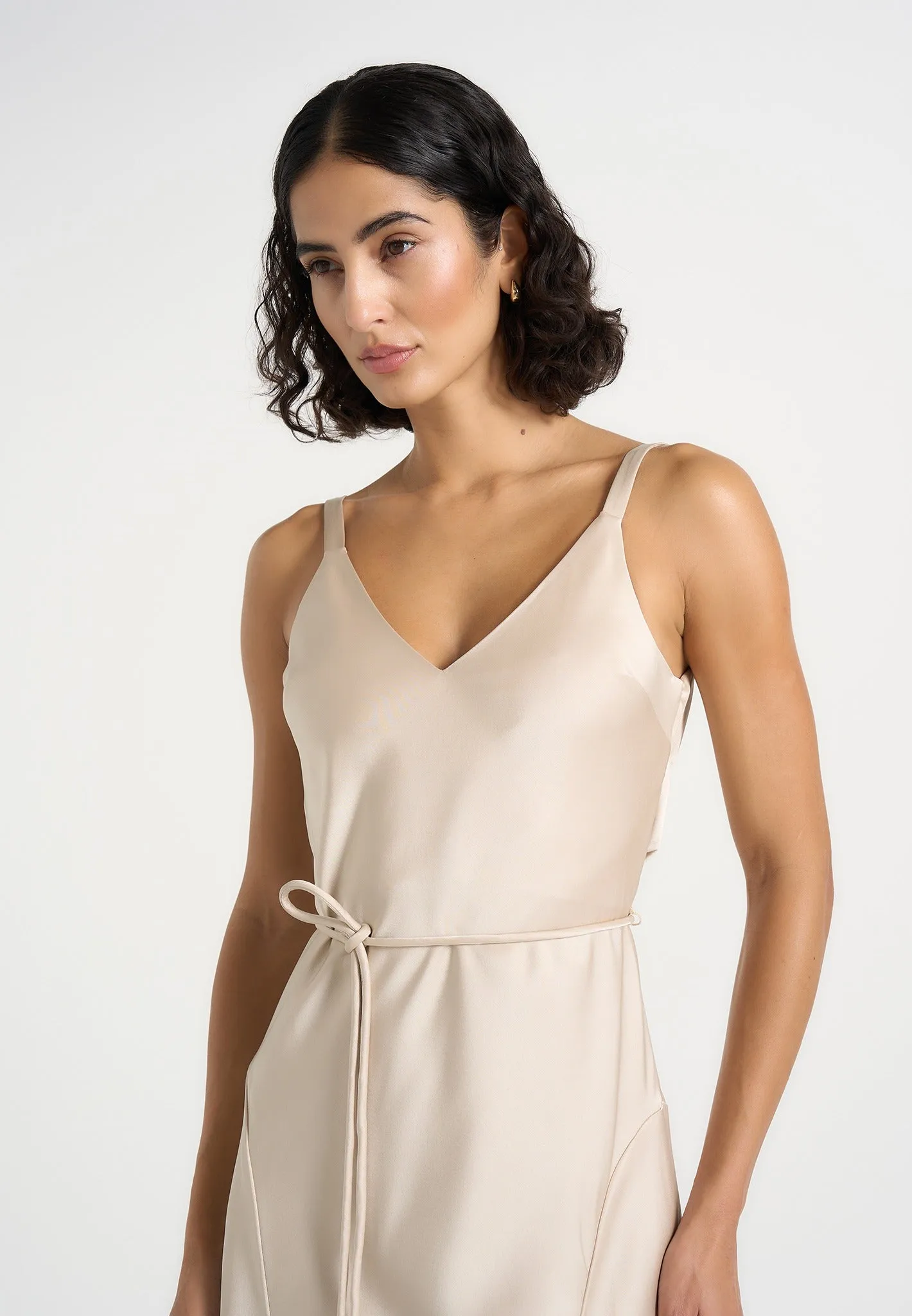 Saffron - Satin Belted Maxi Dress - Champagne sold by Maniere De Voir product image thumbnail 3
