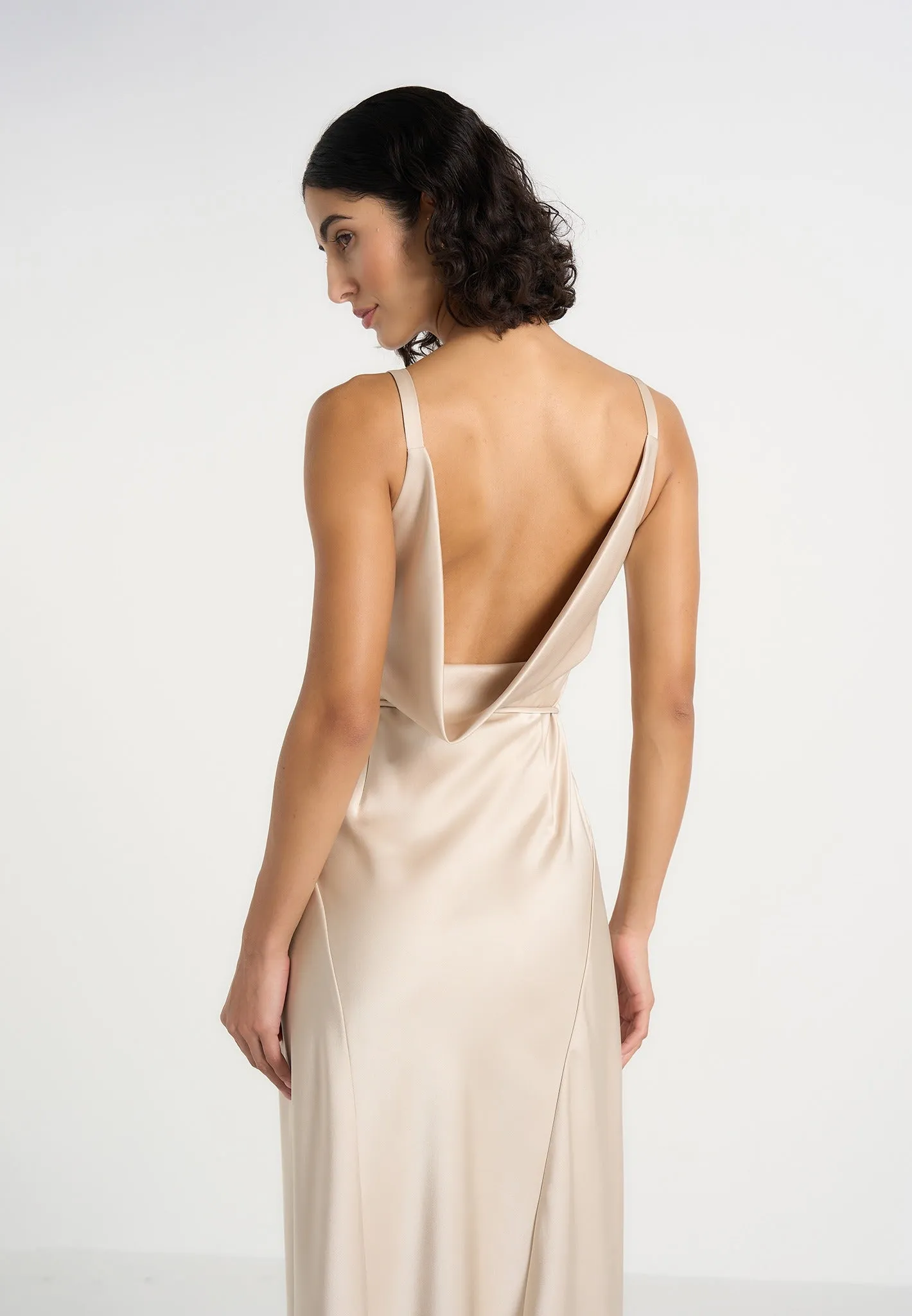 Saffron - Satin Belted Maxi Dress - Champagne sold by Maniere De Voir product image thumbnail 2