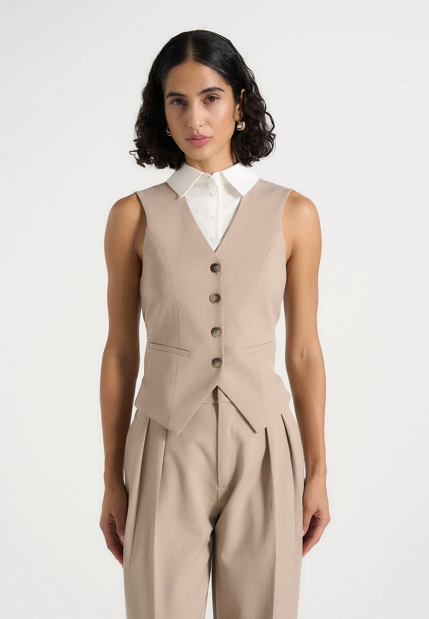 Irene - Collar Detail Cinched Waistcoat - Beige/White sold by Maniere De Voir
