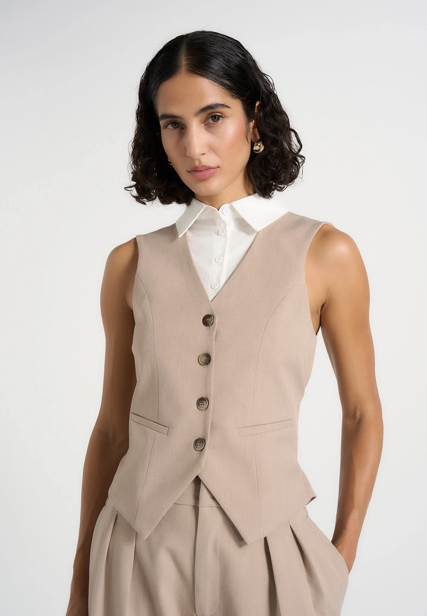 Irene - Collar Detail Cinched Waistcoat - Beige/White sold by Maniere De Voir product image thumbnail 3