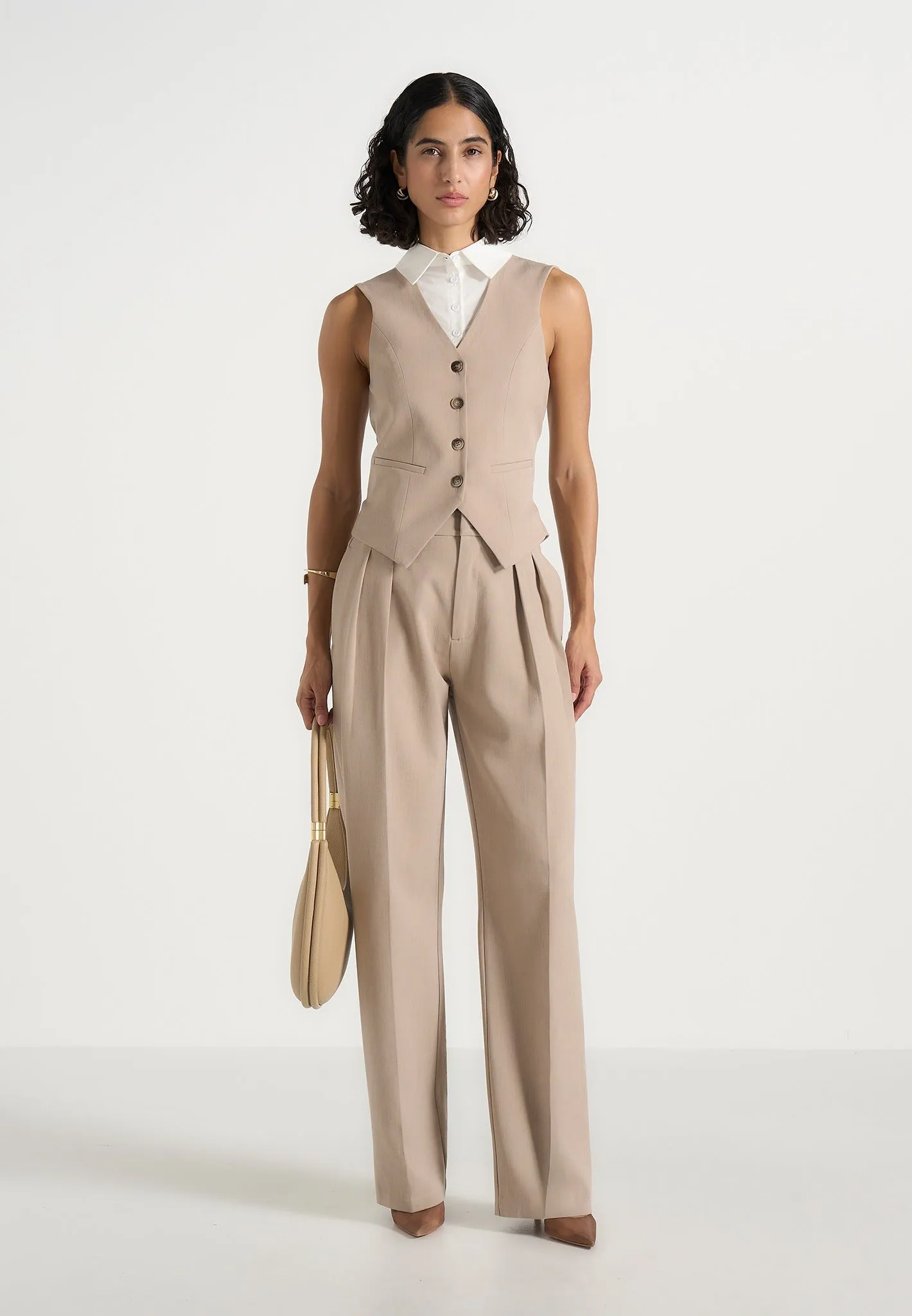 Irene - Collar Detail Cinched Waistcoat - Beige/White sold by Maniere De Voir product image thumbnail 2
