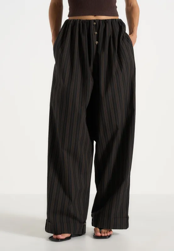Ivanna - Elasticated Wide Leg Striped Cotton Trousers - Black/Brown made by Maniere De Voir