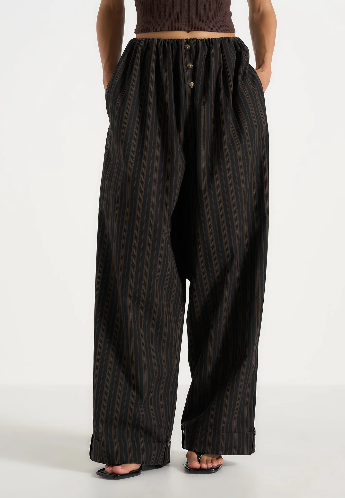 Ivanna - Elasticated Wide Leg Striped Cotton Trousers - Black/Brown sold by Maniere De Voir