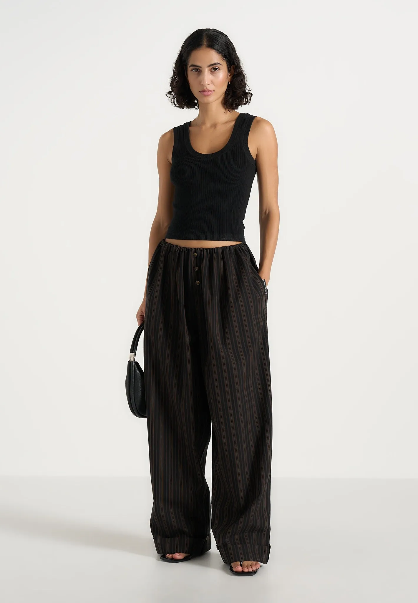 Ivanna - Elasticated Wide Leg Striped Cotton Trousers - Black/Brown sold by Maniere De Voir product image thumbnail 2
