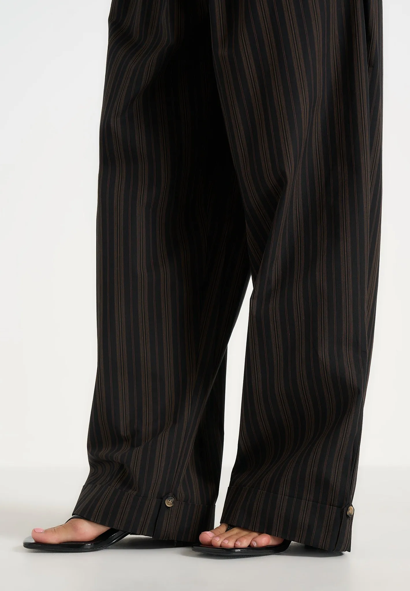 Ivanna - Elasticated Wide Leg Striped Cotton Trousers - Black/Brown sold by Maniere De Voir product image thumbnail 3