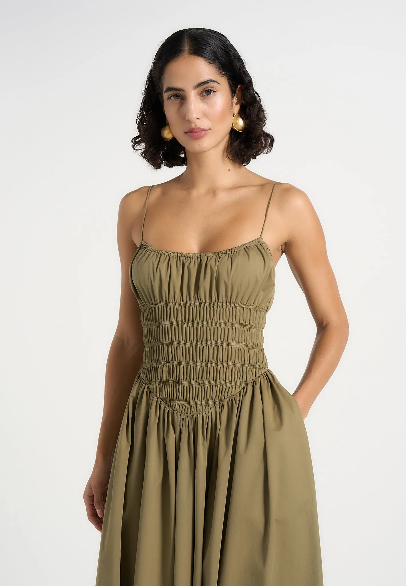 Elva - Smocked Waist Cotton Maxi Dress - Khaki sold by Maniere De Voir product image thumbnail 3