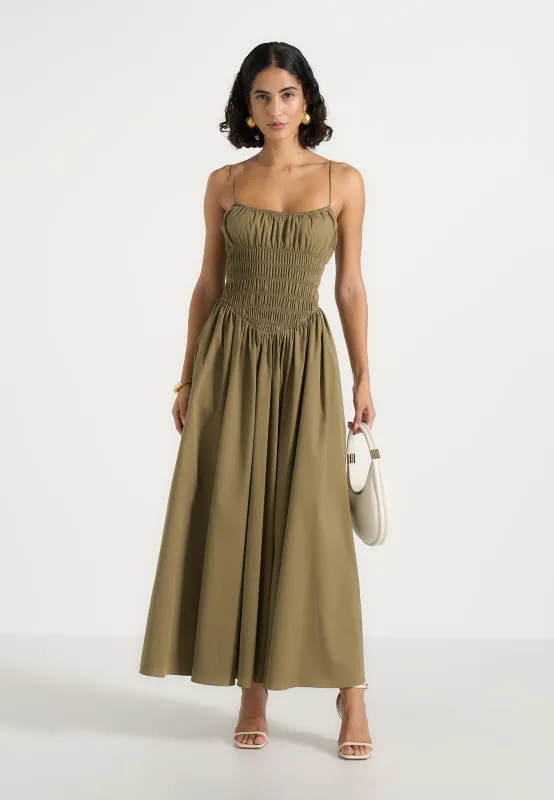 Elva - Smocked Waist Cotton Maxi Dress - Khaki made by Maniere De Voir