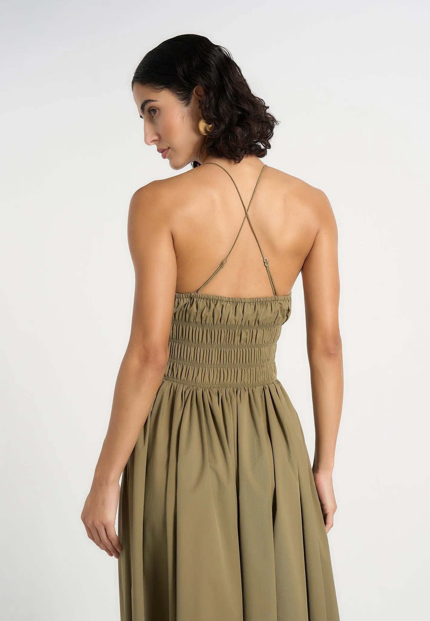 Elva - Smocked Waist Cotton Maxi Dress - Khaki sold by Maniere De Voir product image thumbnail 2