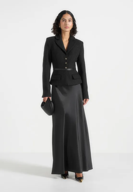 Grace - Boucle And Satin Belted Blazer Maxi Dress - Black made by Maniere De Voir