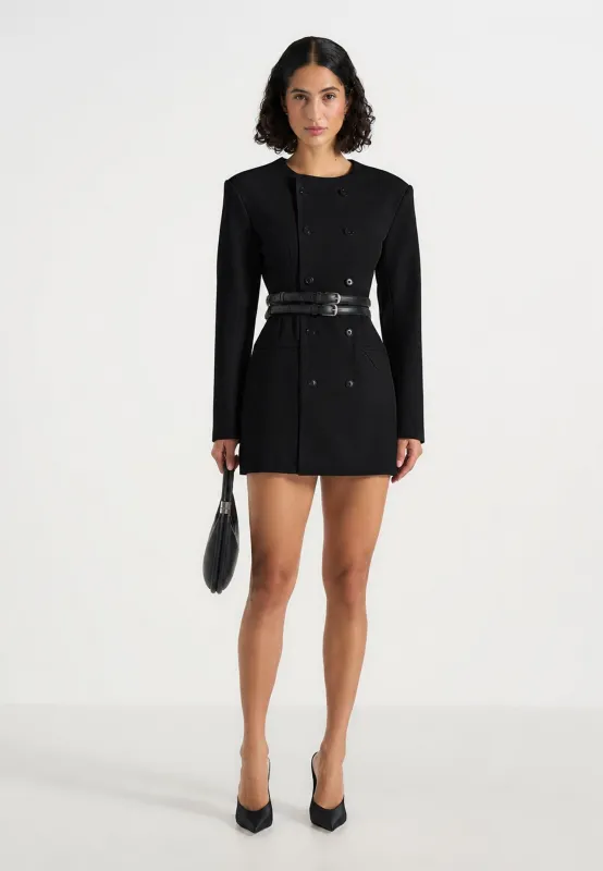 Sierra - Double Breasted Belted Blazer Dress - Black made by Maniere De Voir