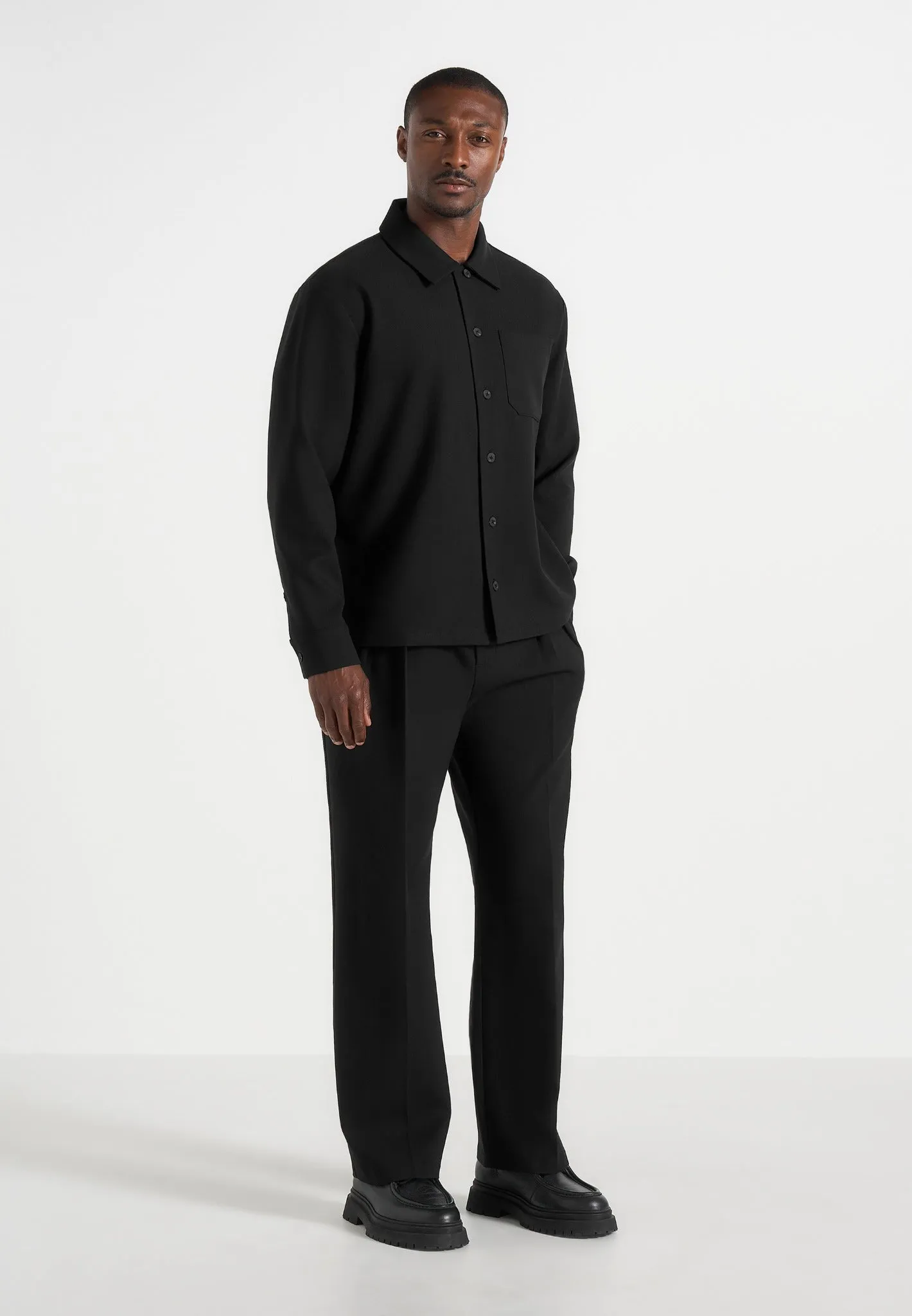 Valentin - Classic Tailored Long Sleeve Wool-Blend Shirt - Black sold by Maniere De Voir
