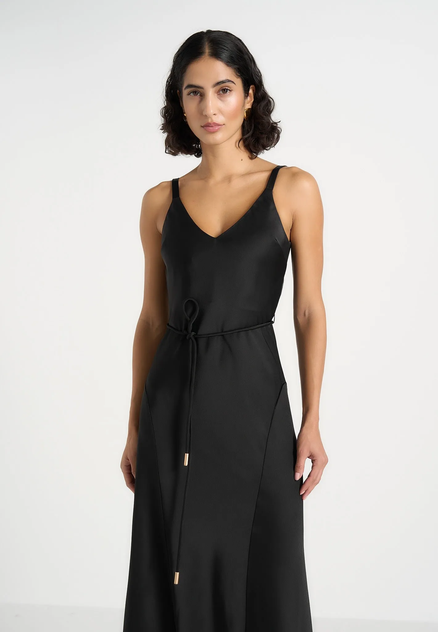 Saffron - Satin Belted Maxi Dress - Black sold by Maniere De Voir product image thumbnail 3