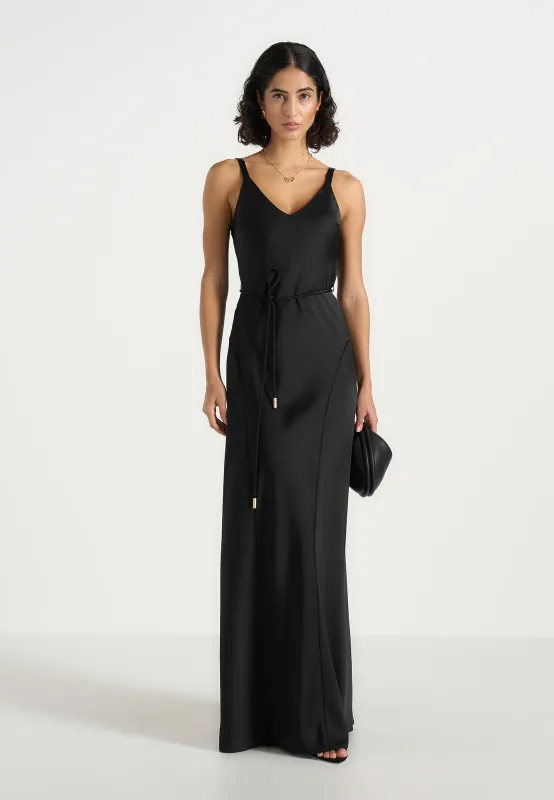 Saffron - Satin Belted Maxi Dress - Black made by Maniere De Voir