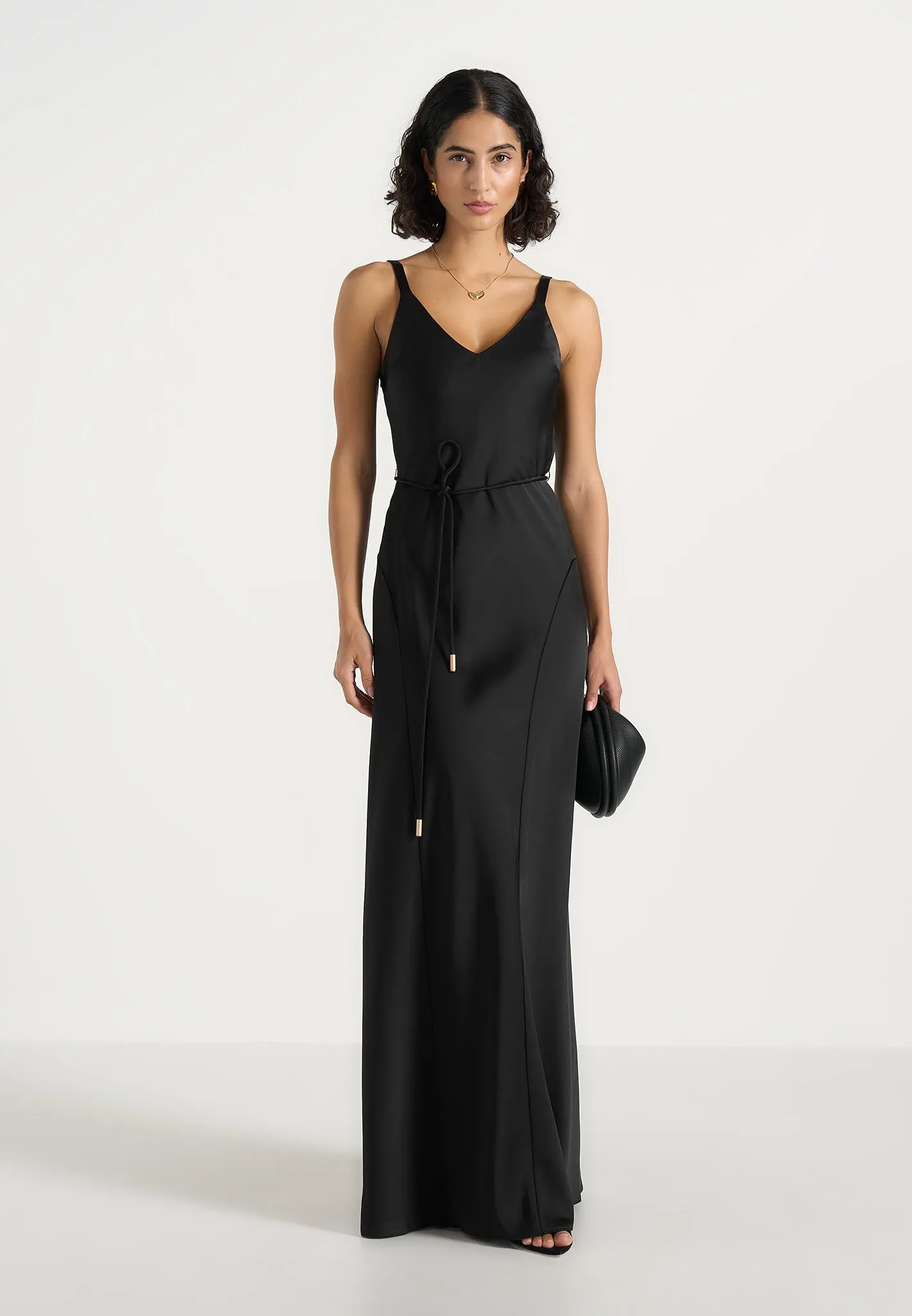 Saffron - Satin Belted Maxi Dress - Black sold by Maniere De Voir