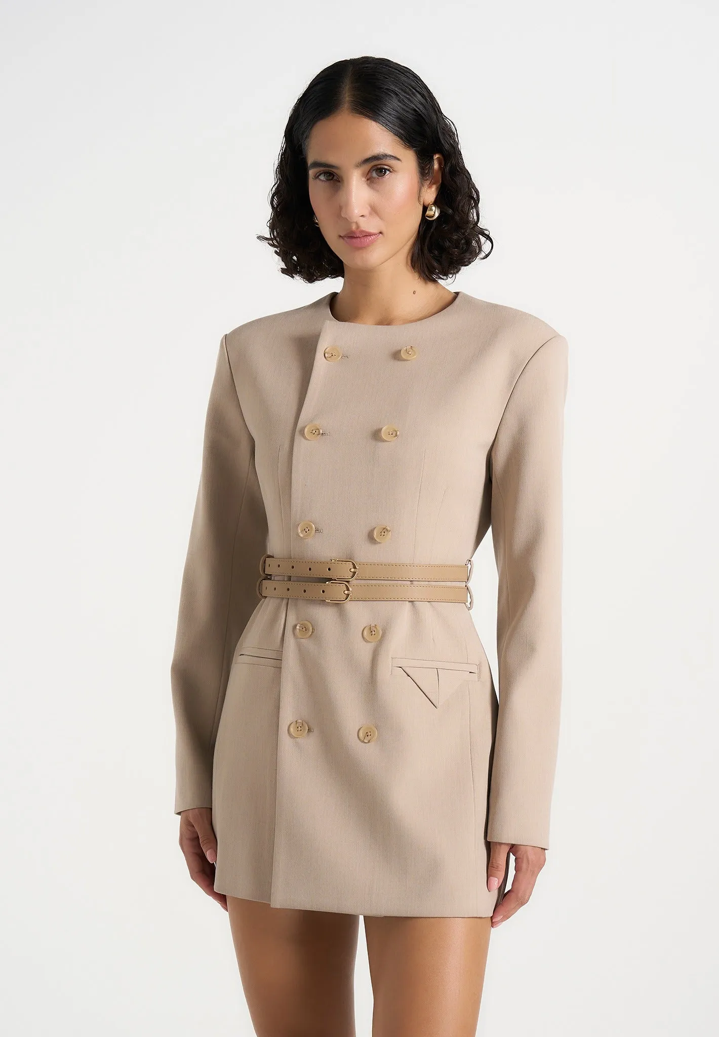 Sierra - Double Breasted Belted Blazer Dress - Beige sold by Maniere De Voir product image thumbnail 2