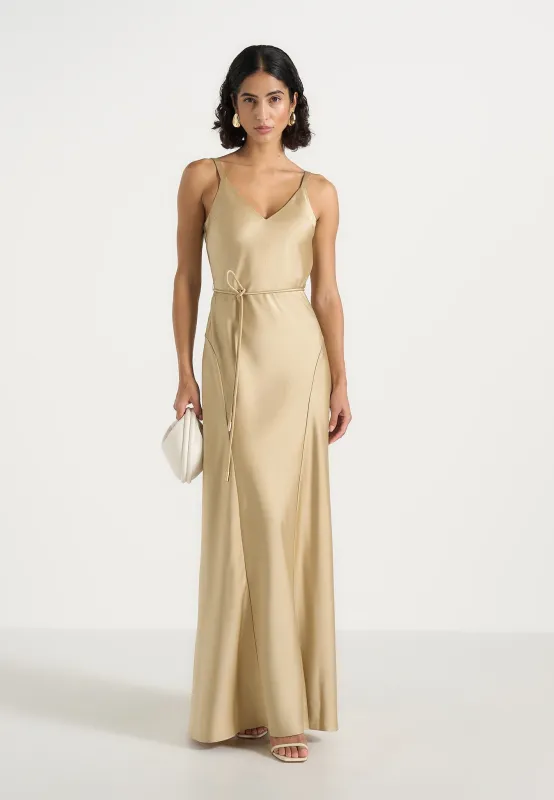 Saffron - Satin Belted Maxi Dress - Gold made by Maniere De Voir