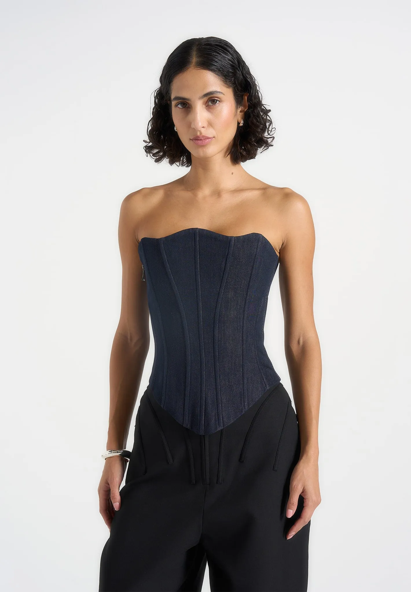 Scarlett - Lace Up Denim Corset - Blue sold by Maniere De Voir