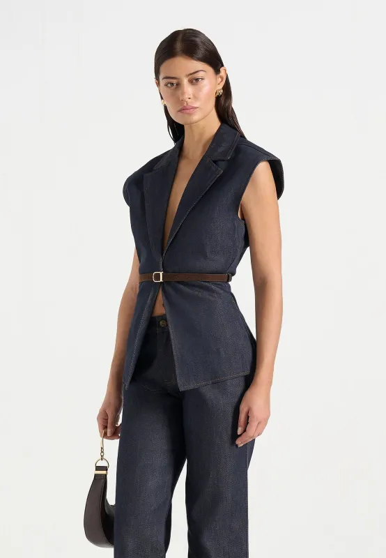 Linda - Wide Shoulder Cinched Denim Waistcoat - Indigo made by Maniere De Voir
