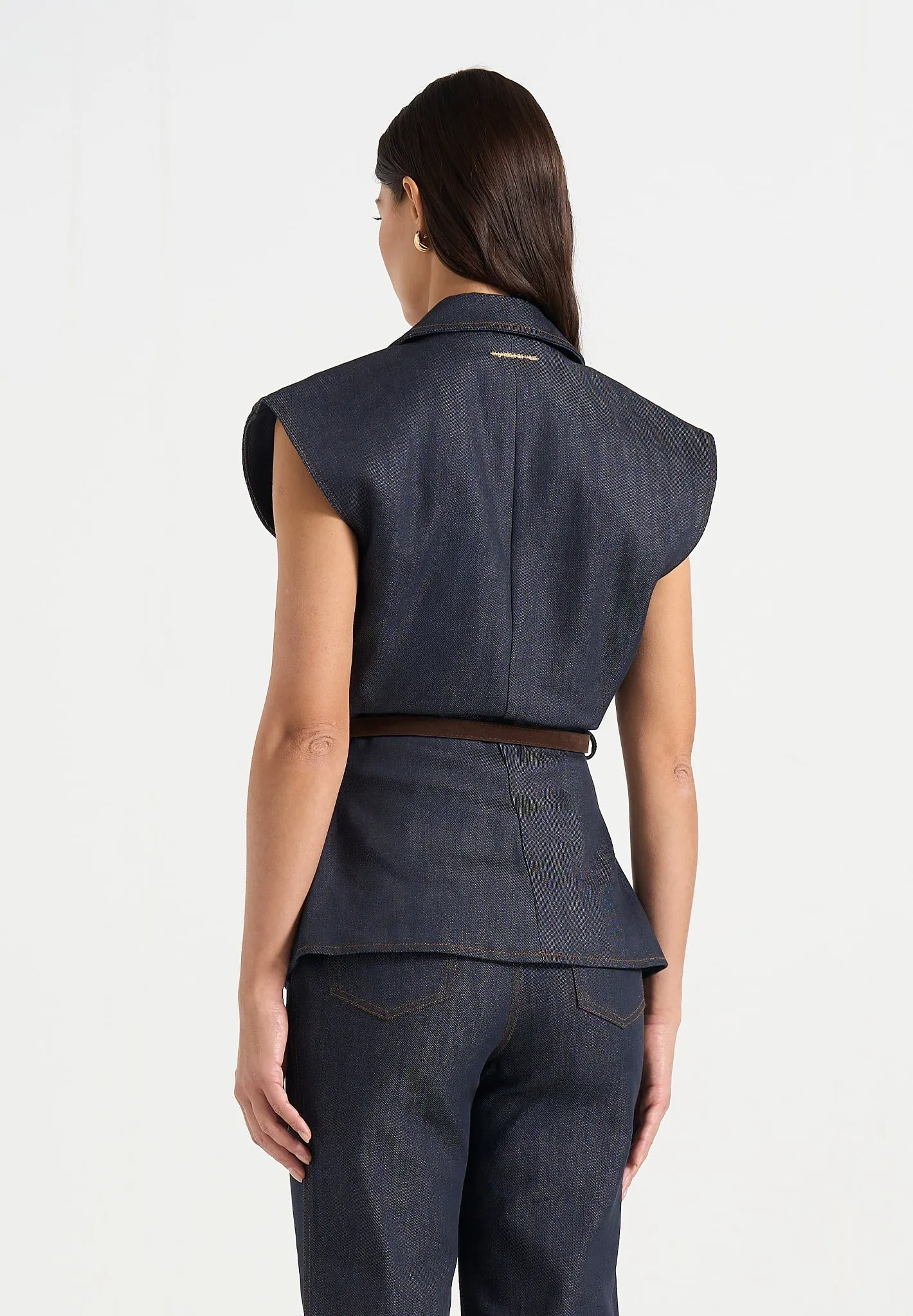 Linda - Wide Shoulder Cinched Denim Waistcoat - Indigo sold by Maniere De Voir product image thumbnail 4
