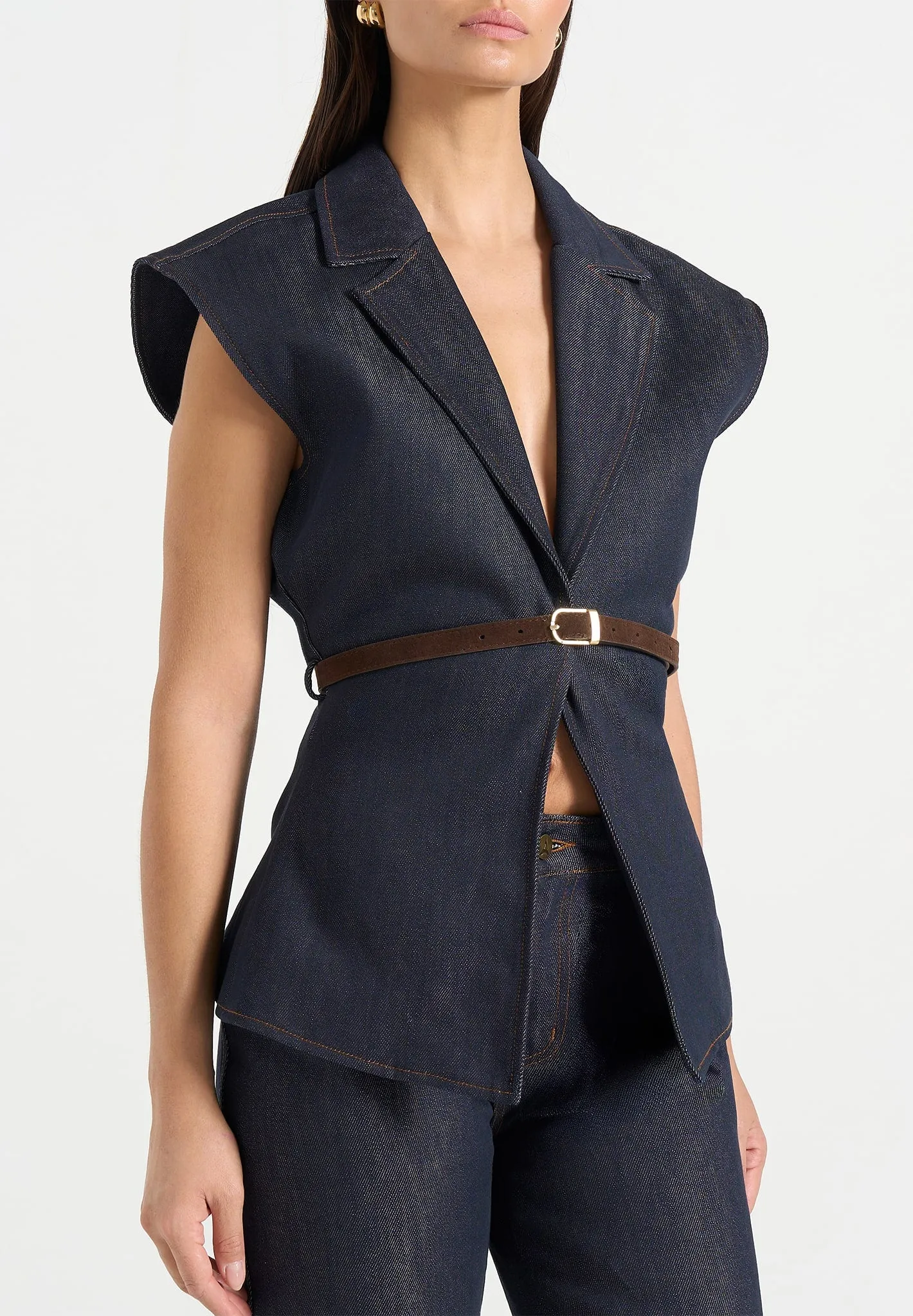 Linda - Wide Shoulder Cinched Denim Waistcoat - Indigo sold by Maniere De Voir product image thumbnail 3