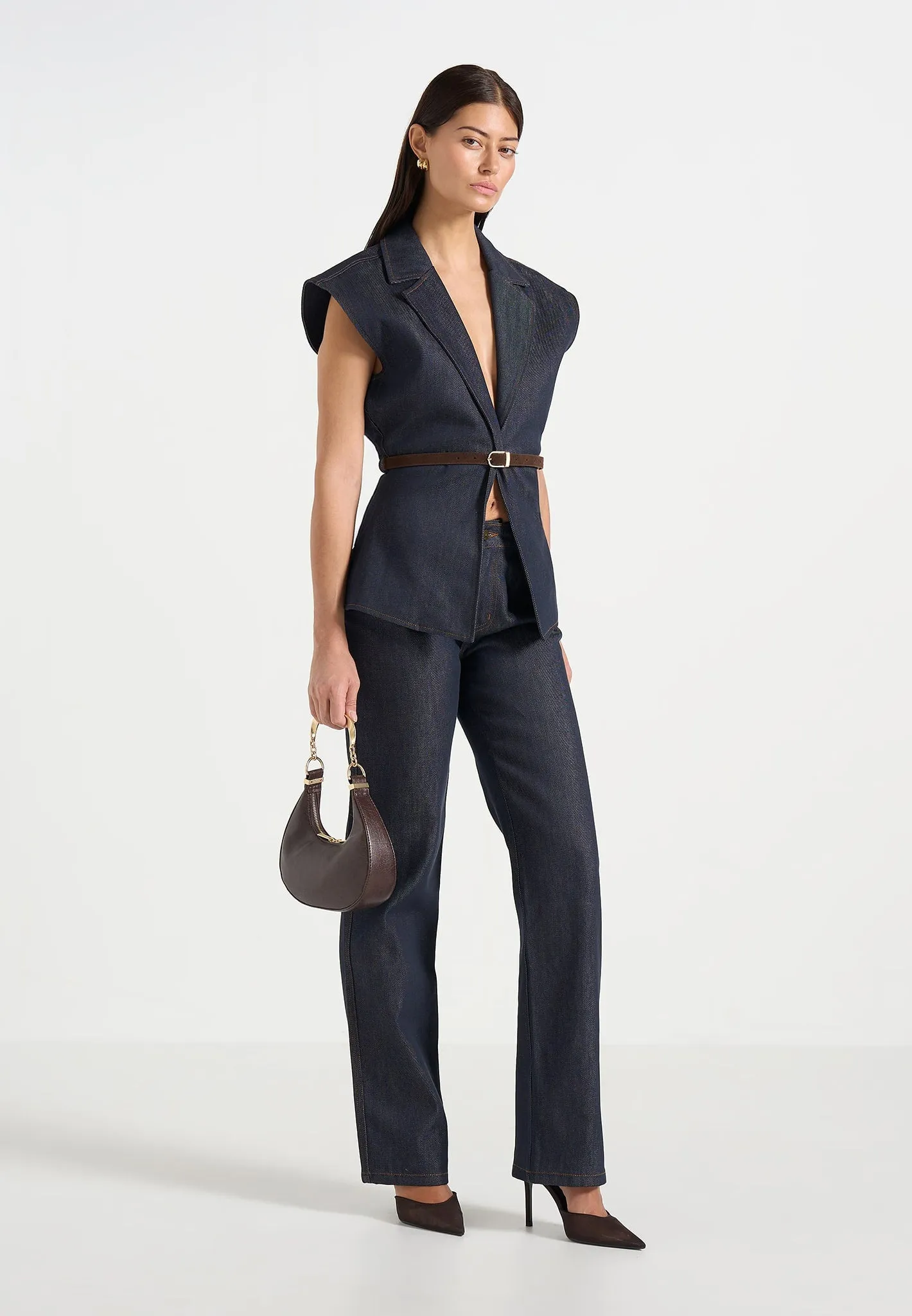 Linda - Wide Shoulder Cinched Denim Waistcoat - Indigo sold by Maniere De Voir product image thumbnail 2