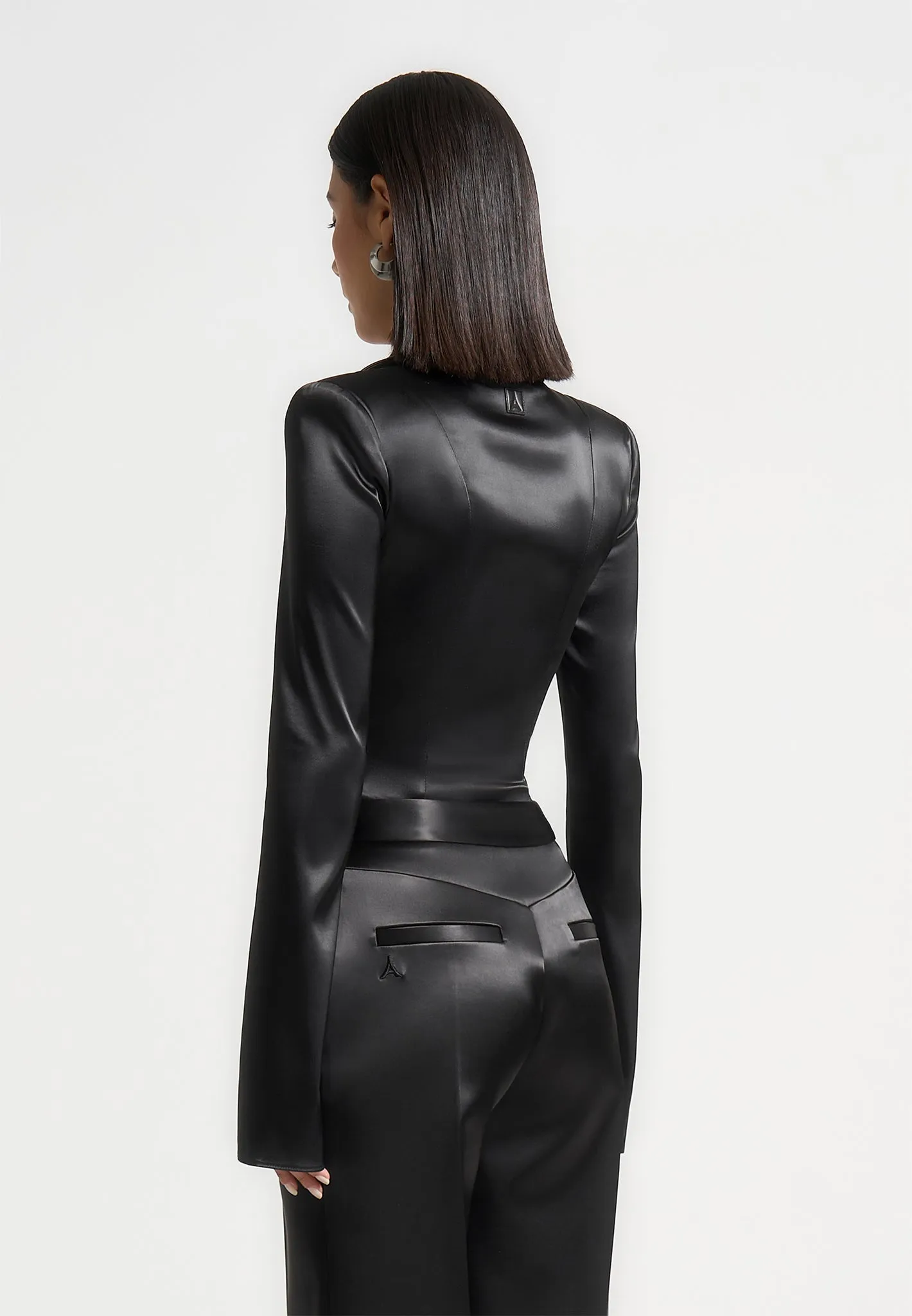 Louise - Wide Shoulder Satin Shirt Bodysuit - Black sold by Maniere De Voir product image thumbnail 4