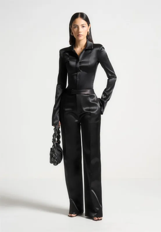 Louise - Wide Shoulder Satin Shirt Bodysuit - Black made by Maniere De Voir